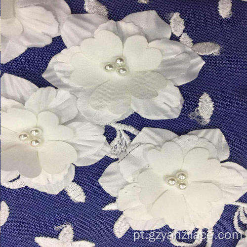Tecido branco do bordado do laço da flor 3D